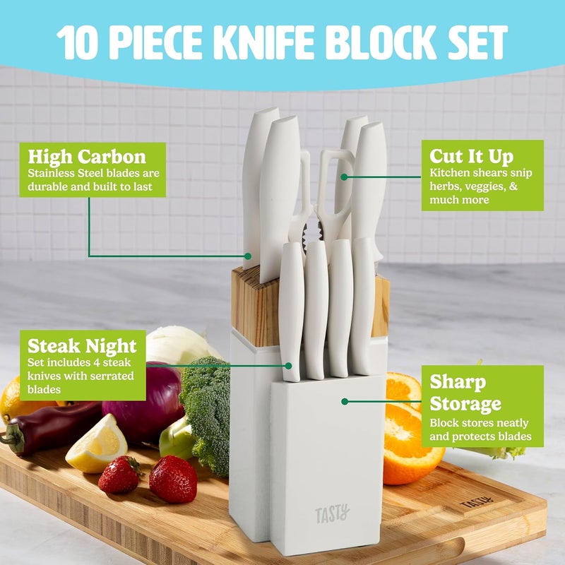Tasty Kitchen Knife Set with Block, Cutlery Set includes Chef, Bread, Utility, Paring, Steak Knives & Shears, 10-Piece, White - Image 2